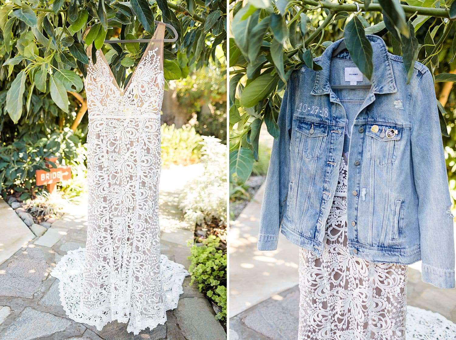 bride jean jacket and lace wedding dress